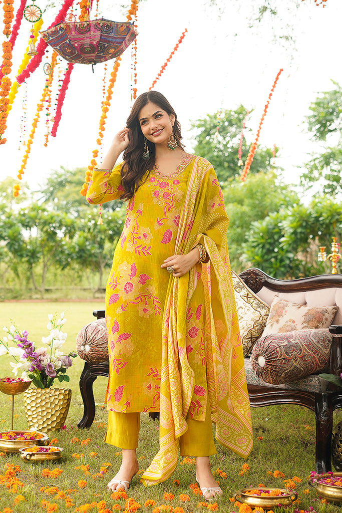 Yellow Rayon Blend Floral Straight Kurta Trousers With Dupatta PKSKD3052