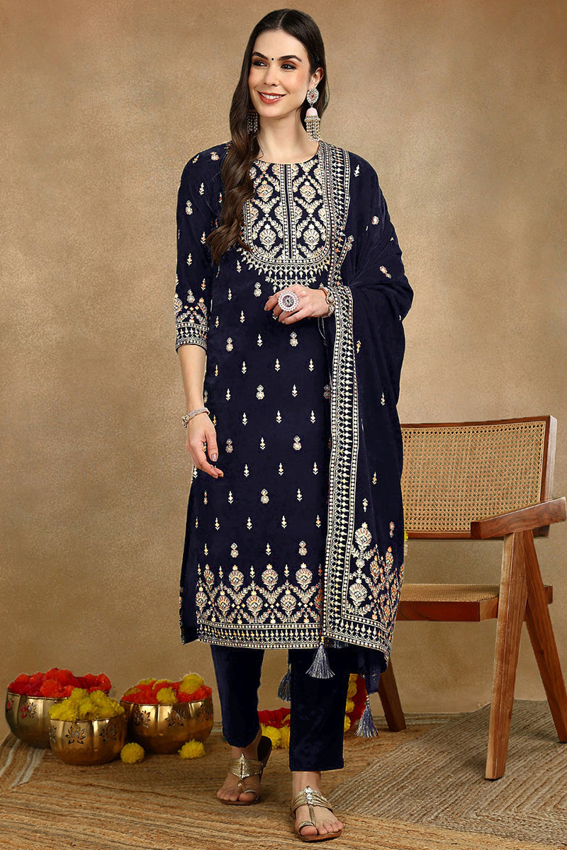 Navy Blue Velvet Ethnic Motifs Printed Straight Suit Set PKSKD2771