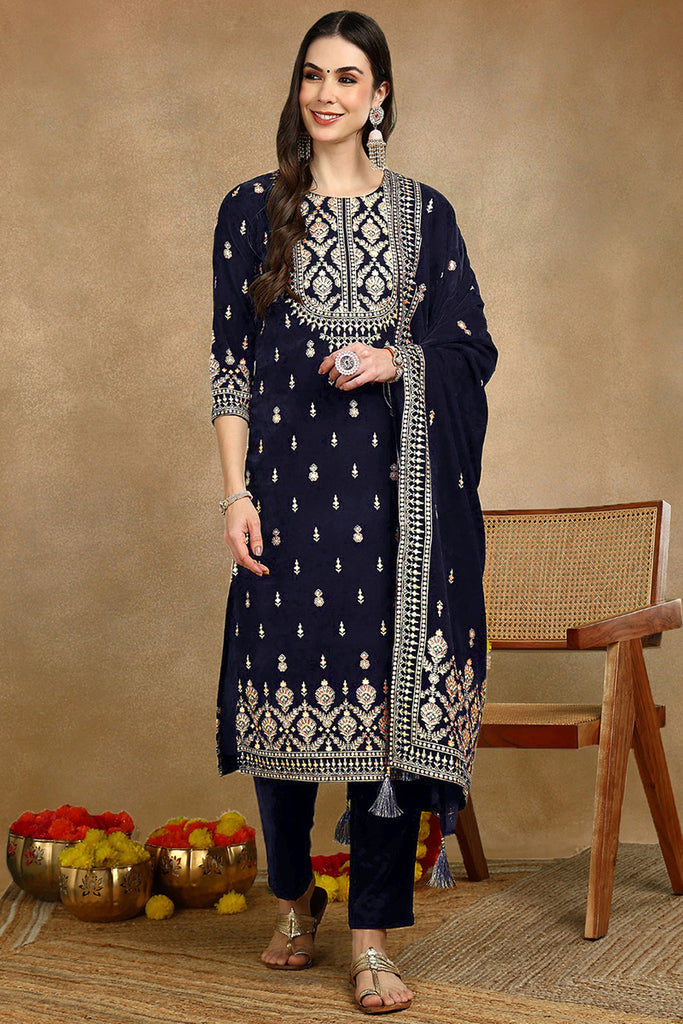 Navy Blue Velvet Ethnic Motifs Printed Straight Suit Set PKSKD2771