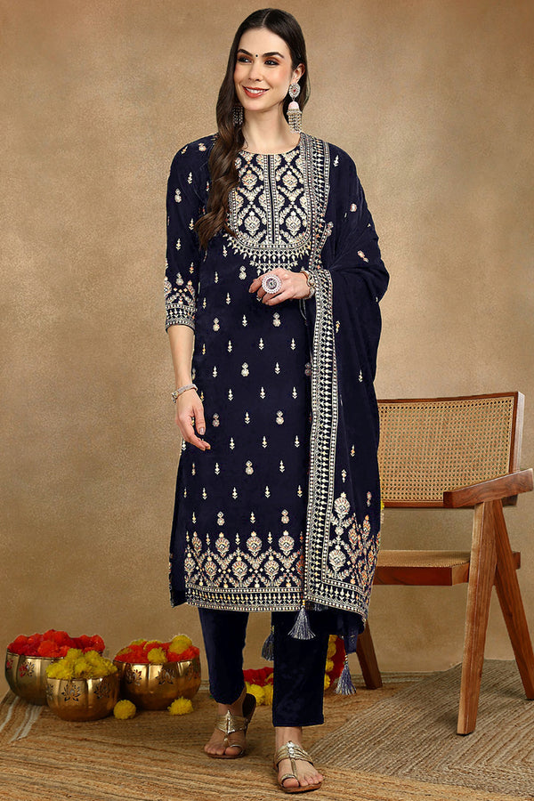 Navy Blue Velvet Ethnic Motifs Printed Straight Suit Set PKSKD2771