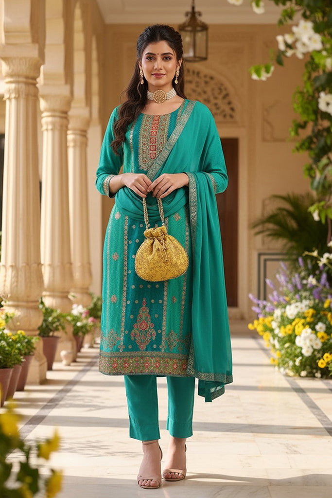 Teal Blue Organza Ethnic Woven Design Straight Trouser Suit Set PKSKD2580