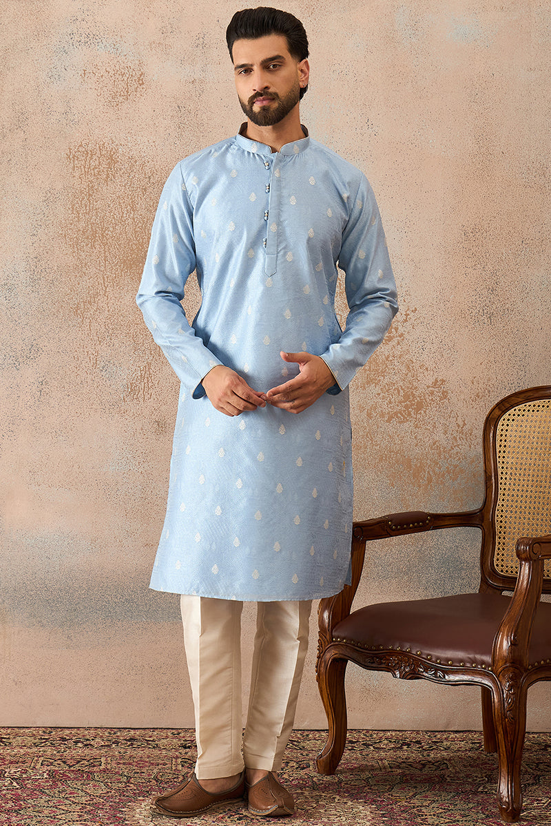 Blue Silk Blend Floral Straight Kurta With Dupatta MKSET2217