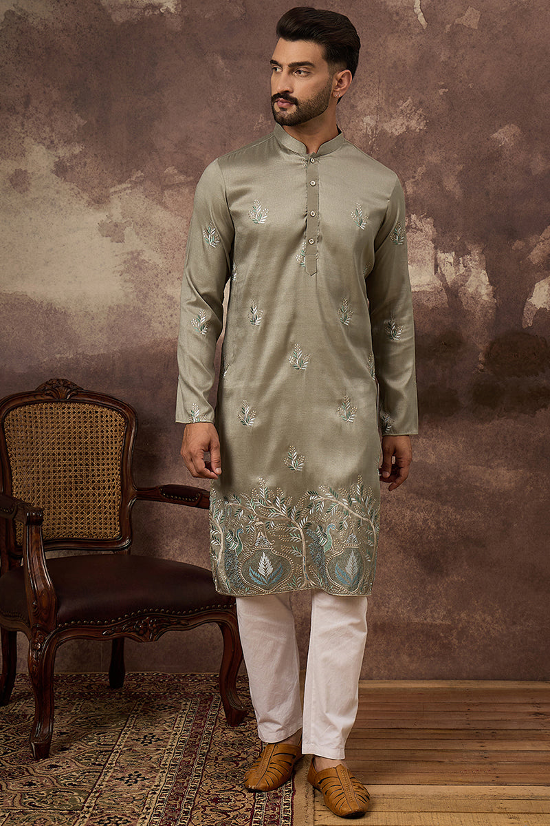 Green Silk Blend Solid Embroidered Straight Kurta with Trouser MKSET1345