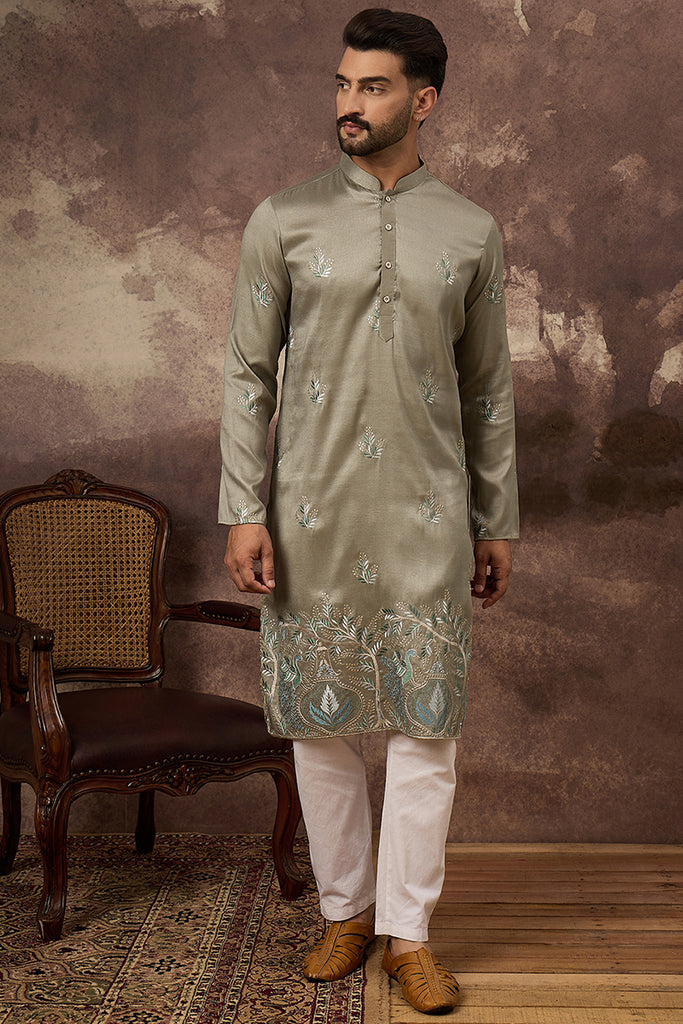 Green Silk Blend Solid Embroidered Straight Kurta with Trouser MKSET1345