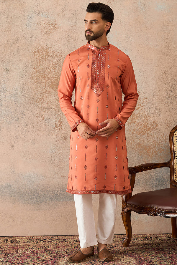 Orange Silk Blend Solid Embroidered Kurta MKU2258