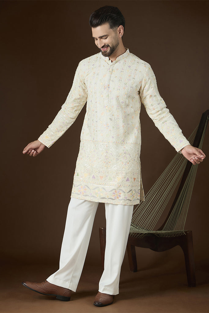 Off White Georgette Solid Embroidered Kurta With Trouser MKSET2732