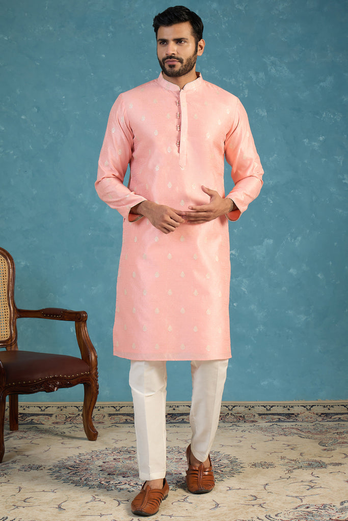 Pink Jacquard Ethnic Motifs Woven Design Kurta With Trouser MKSET2394