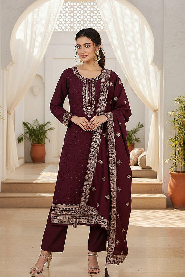 Burgundy Silk Blend Solid Straight Kurta Trousers With Dupatta PKSKD1759