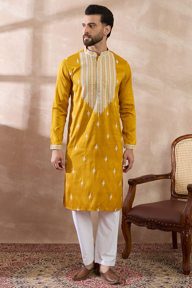 Yellow Silk Blend Embroidered Mandarin Collar Straight Kurta With Trouser MKSET1794