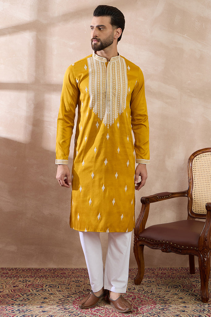 Yellow Silk Blend Embroidered Mandarin Collar Straight Kurta With Trouser MKSET1794