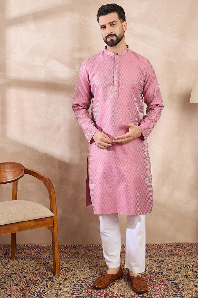 Pink Silk Blend Solid Woven Design Straight Kurta With Trouser MKSET1898
