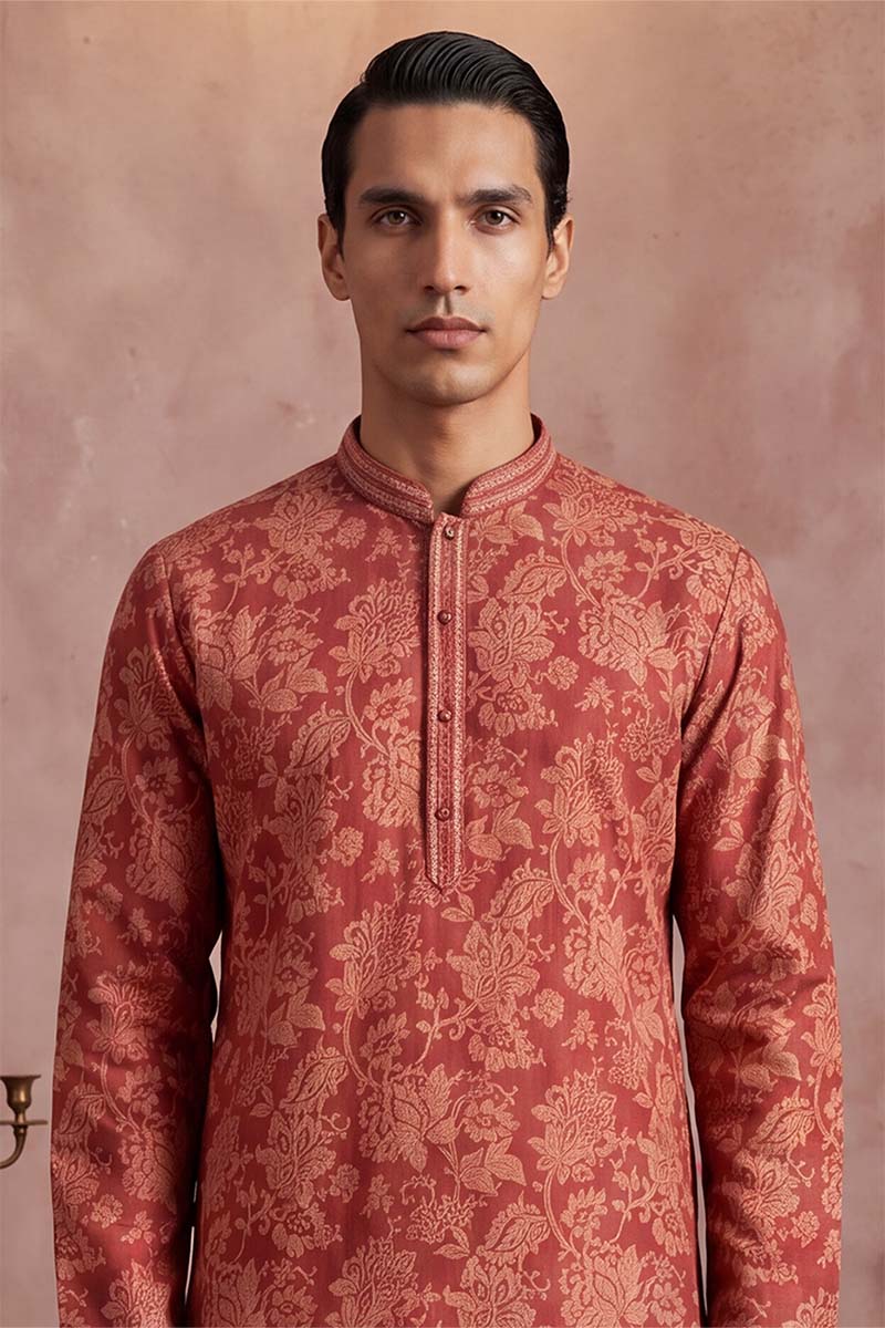 Red Silk Blend Floral Printed Kurta With Trousers MKSET1979