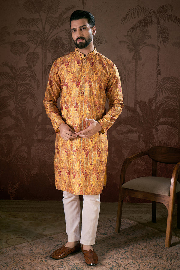 Mustard Silk Blend Ethnic Motifs Printed Straight Kurta With Trouser MKSET1925