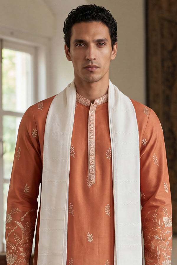 Peach Vartican Solid Embroidered Straight Kurta Sets MKUD1935