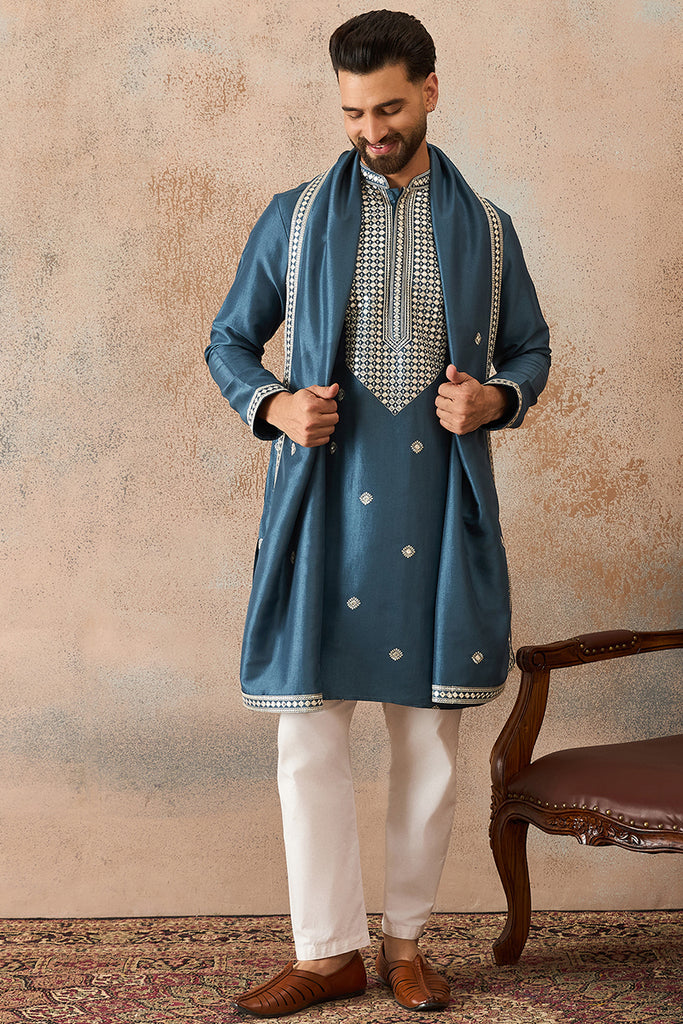 Blue Silk Blend Solid Embroidered Kurta And Trouser With Dupatta MKPD1048