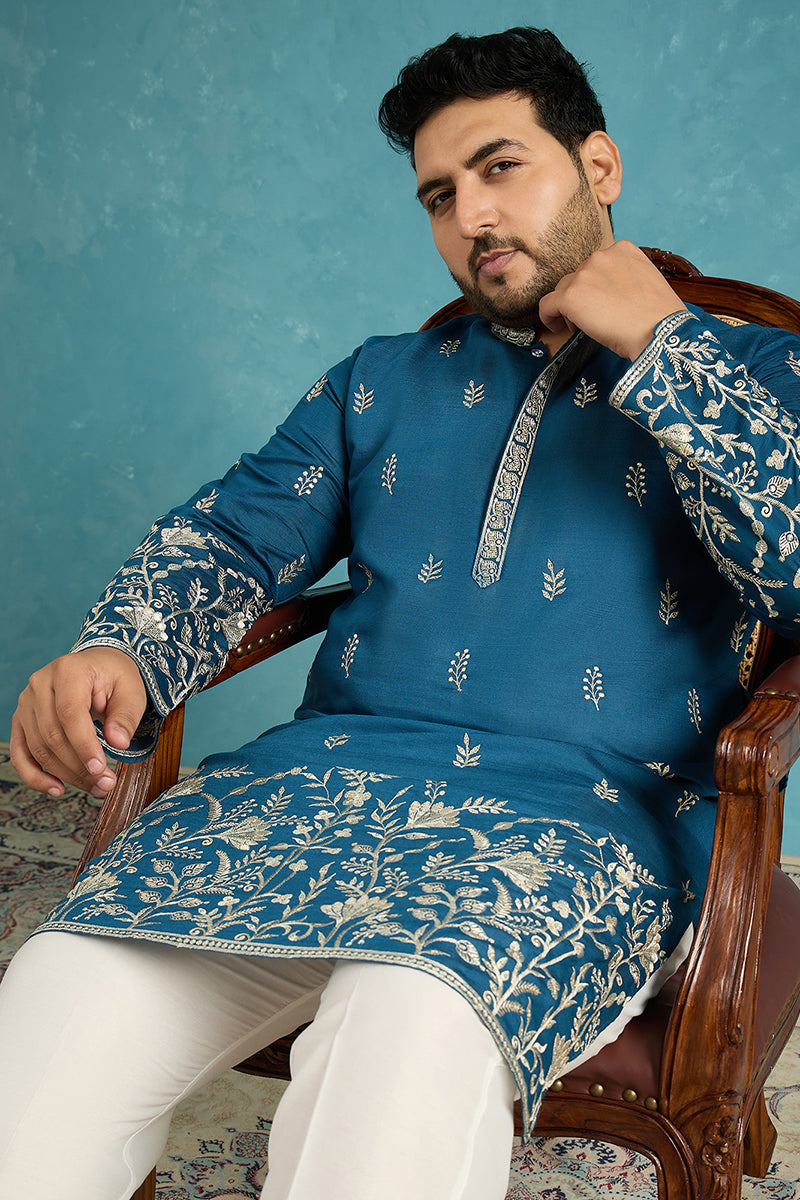 Blue Silk Blend Solid Thread Work Embroidered Kurta MKU1315