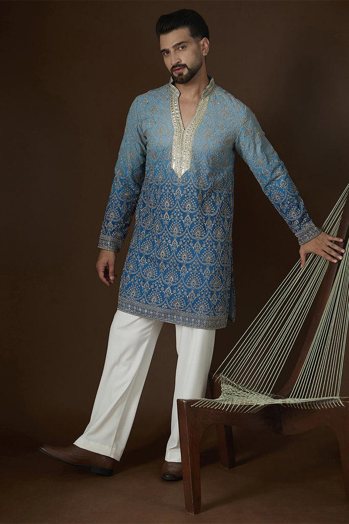 Blue Georgette Ethnic Motifs Embroidered Mandarin Collar Kurta MKU2586