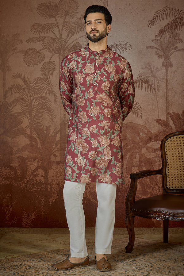 Maroon Silk Blend Floral Printed Kurta MKU2541