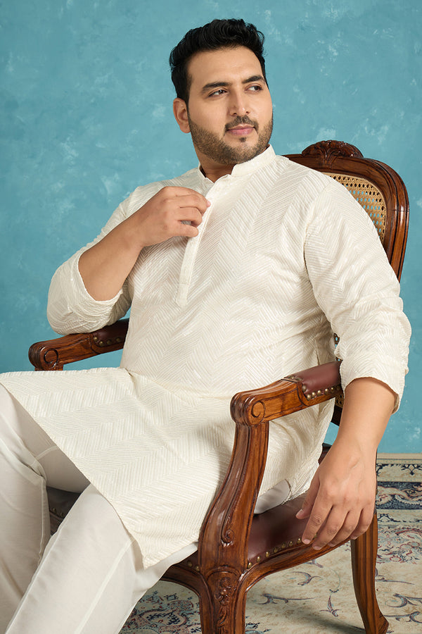 Off White Viscose Rayon Solid Sequins Embroidered Kurta MKU1102