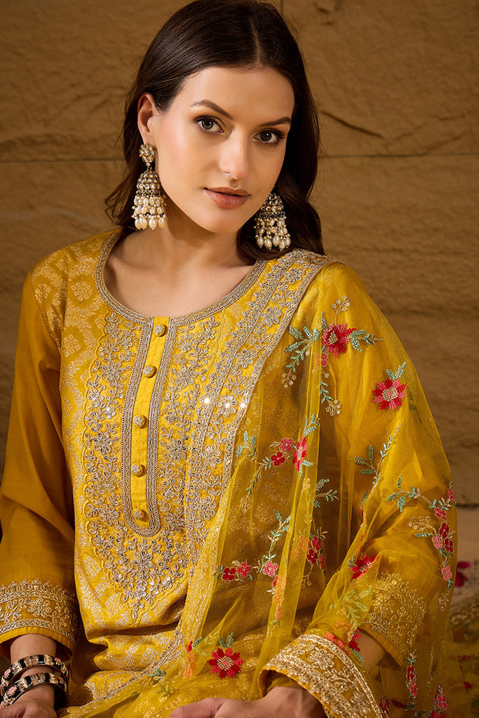 Yellow Silk Blend Solid Woven Design Straight Kurta Trousers With Dupatta PKSKD2935