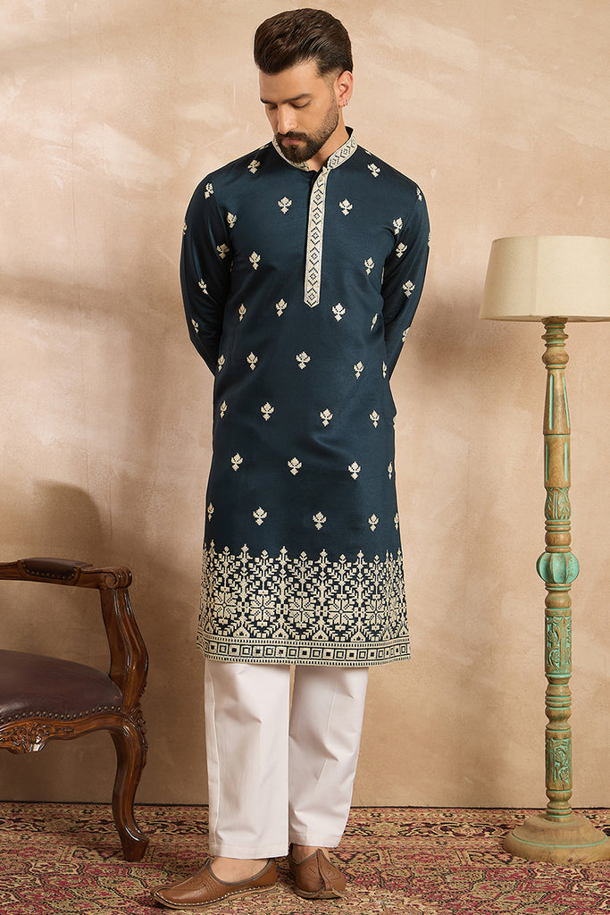 Navy Blue Polyester Solid Embroidered Straight Kurta MKU1810