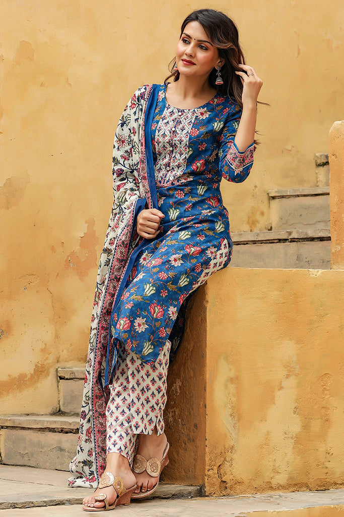 Blue Rayon Blend Floral Printed Straight Suit Set VKSKD1238