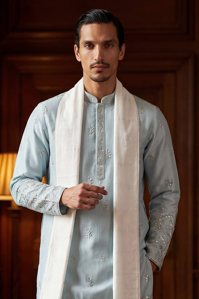 Blue Silk Blend Solid Embroidered Straight Kurta Sets MKPD1785