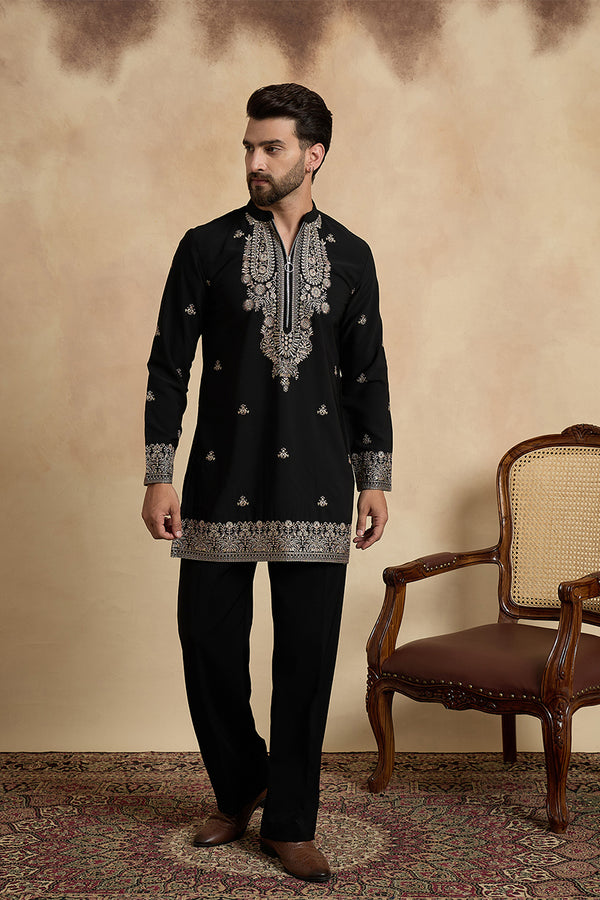 Black Silk Blend Solid Embroidered Kurta MKU2376