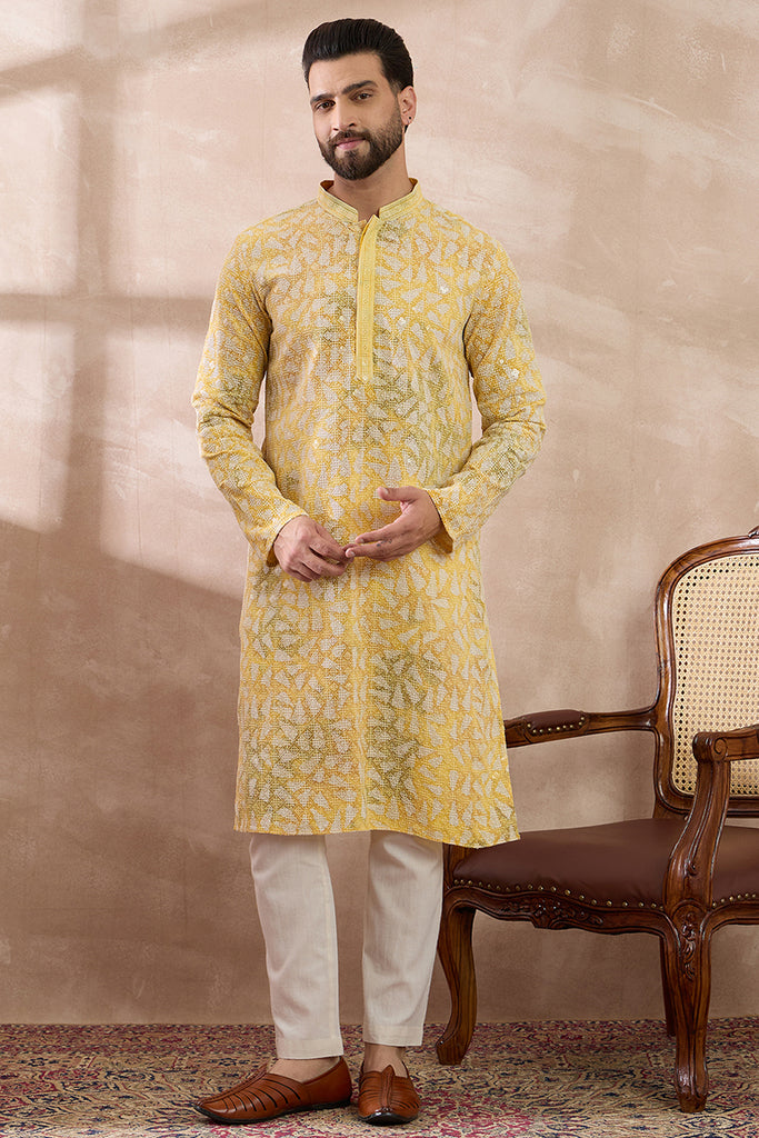 Yellow Viscose Rayon Printed Mandarin Collar Straight Kurta MKU1657
