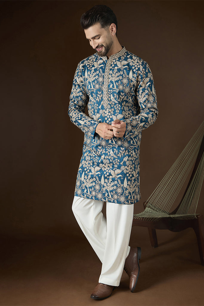 Blue Silk Blend Solid Embroidered Kurta With Trouser MKSET2728
