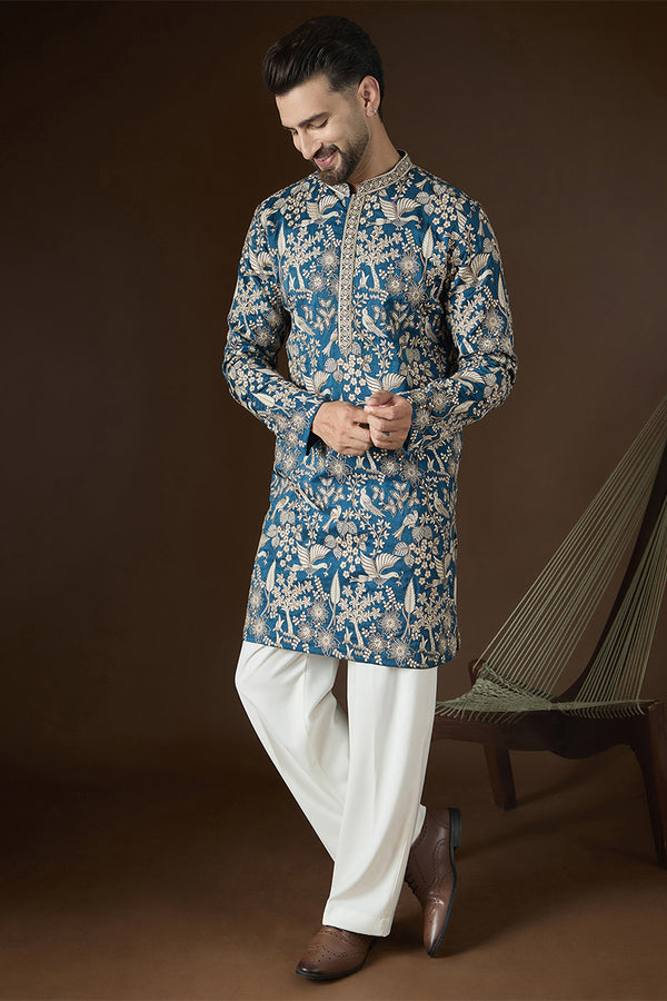 Blue Silk Blend Solid Embroidered Kurta With Trouser MKSET2728