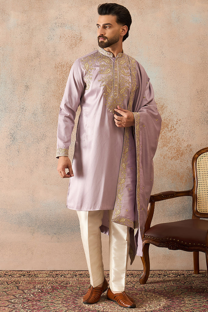 Lavender Zari Embroidered Silk Blend Kurta with Dupatta MKUD1047