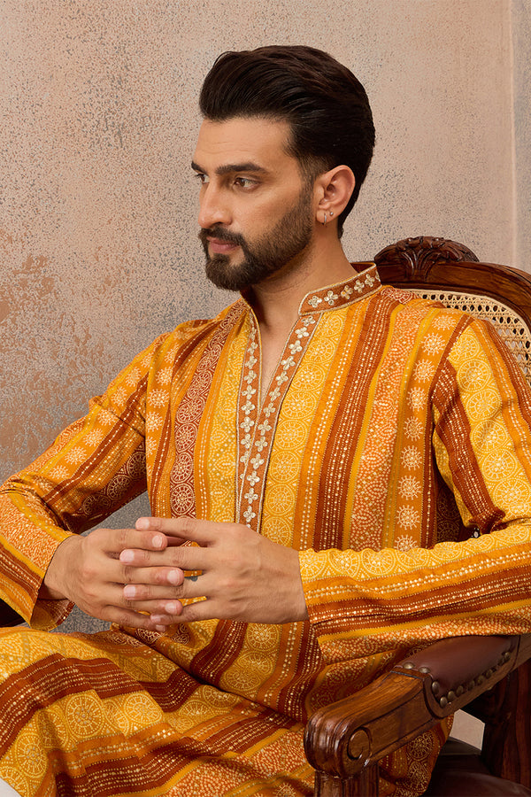 Yellow Viscose Rayon Bandhani Printed Kurta With Trouser MKSET2762