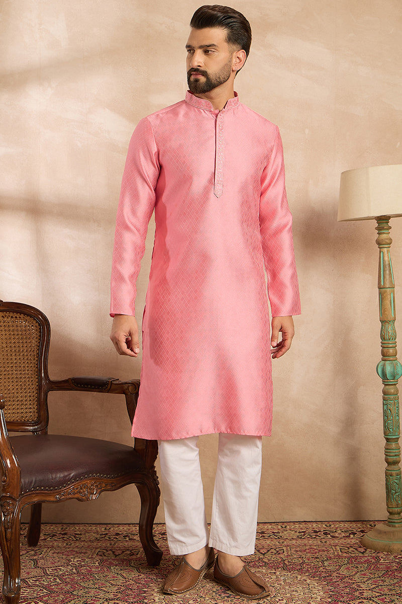 Pink Polyester Solid Embroidered Straight Kurta MKU1842