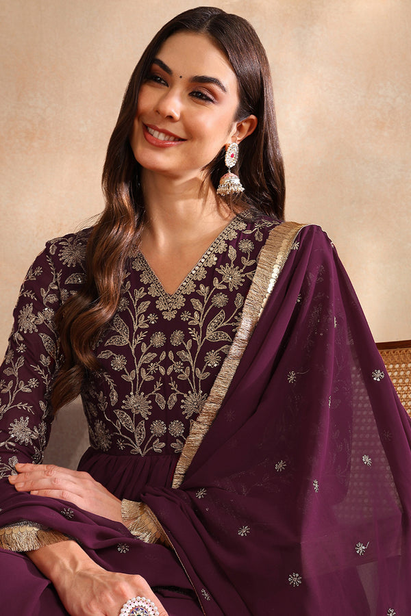 Wine Georgette Solid Embroidered Anarkali Kurta Set VKSET1520WIN