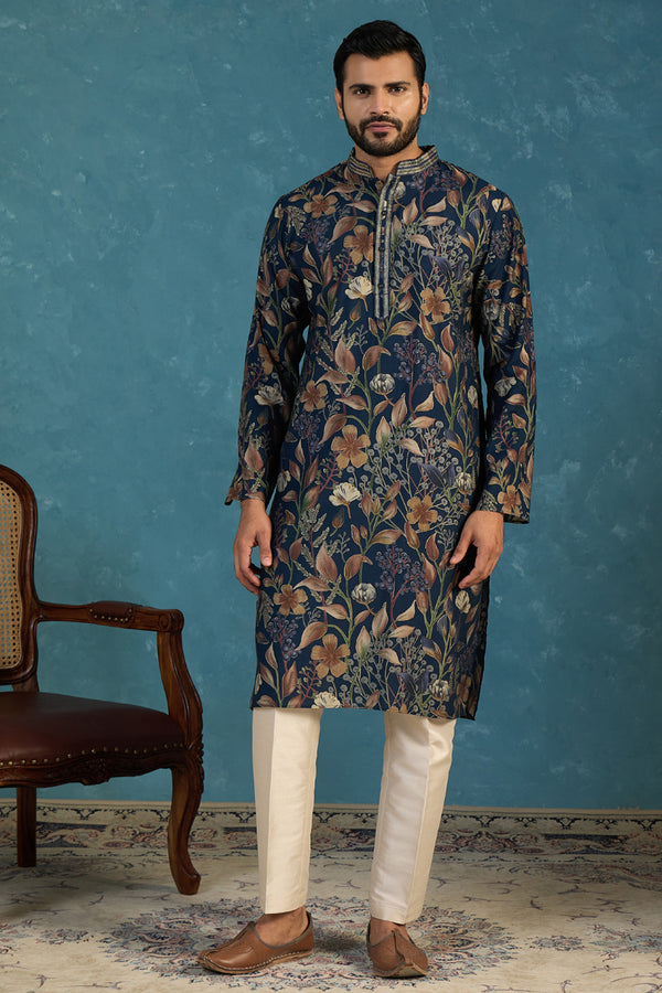 Blue Modal Floral Printed Calf Length Straight Regular Kurta MKU1978
