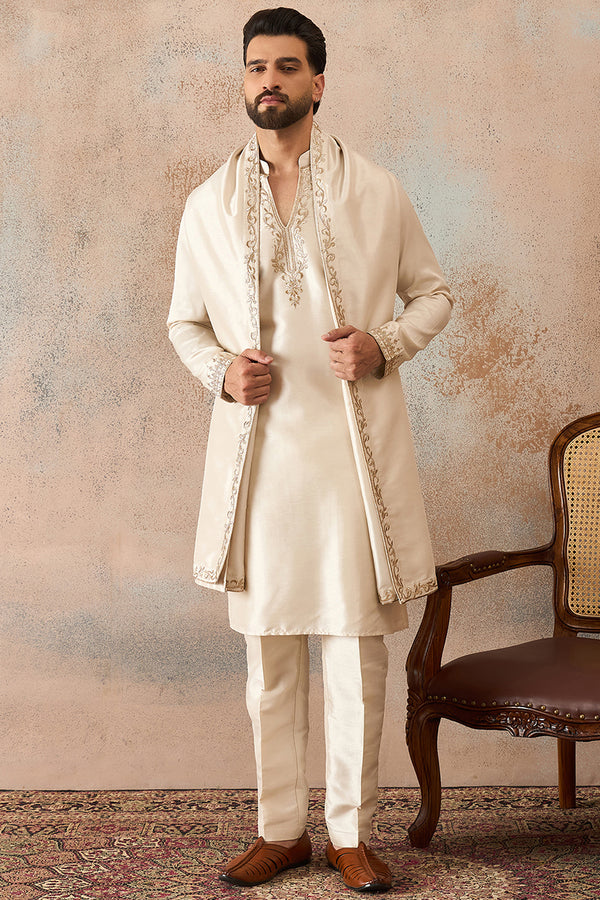 Off White Silk Blend Solid Embroidered Kurta & Trouser With Dupatta MKPD1021