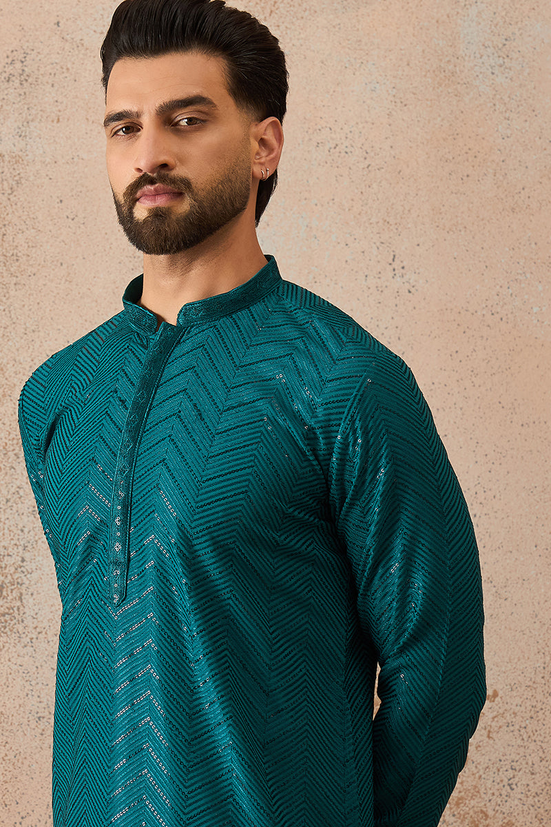 Turquoise Blue Rayon Embroidered Solid Straight Kurta With Trousers MKSET2184