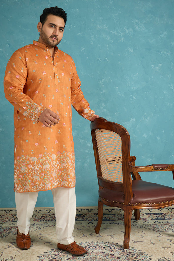 Orange Silk Blend Floral Sequins Printed Kurta MKU2349