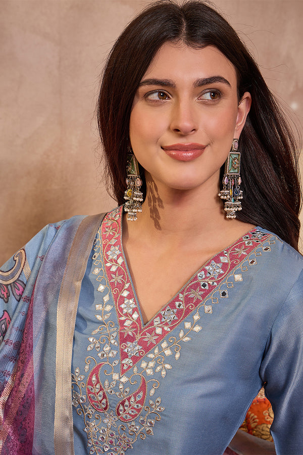 Blue Rayon Blend Solid Embroidered Straight Kurta Trouser With Dupatta PKSKD3100