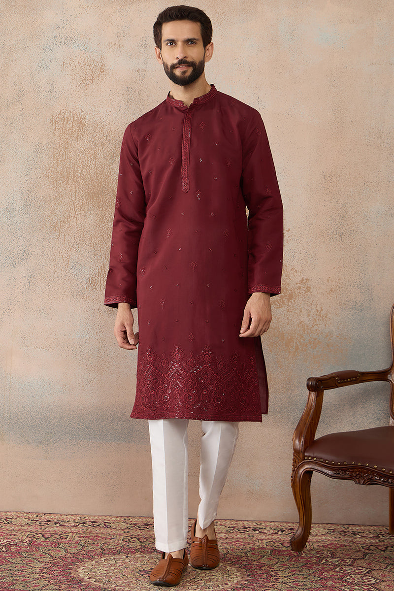 Maroon Silk Blend Solid Emboidered Straight Kurta MKU2289
