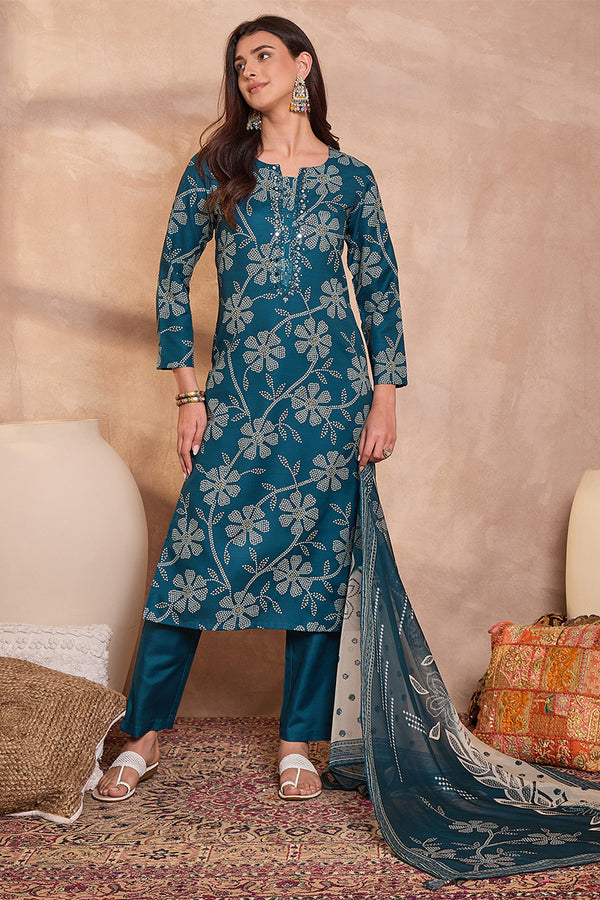 Blue Cotton Blend Floral Printed Straight Kurta Set VKSKD2425