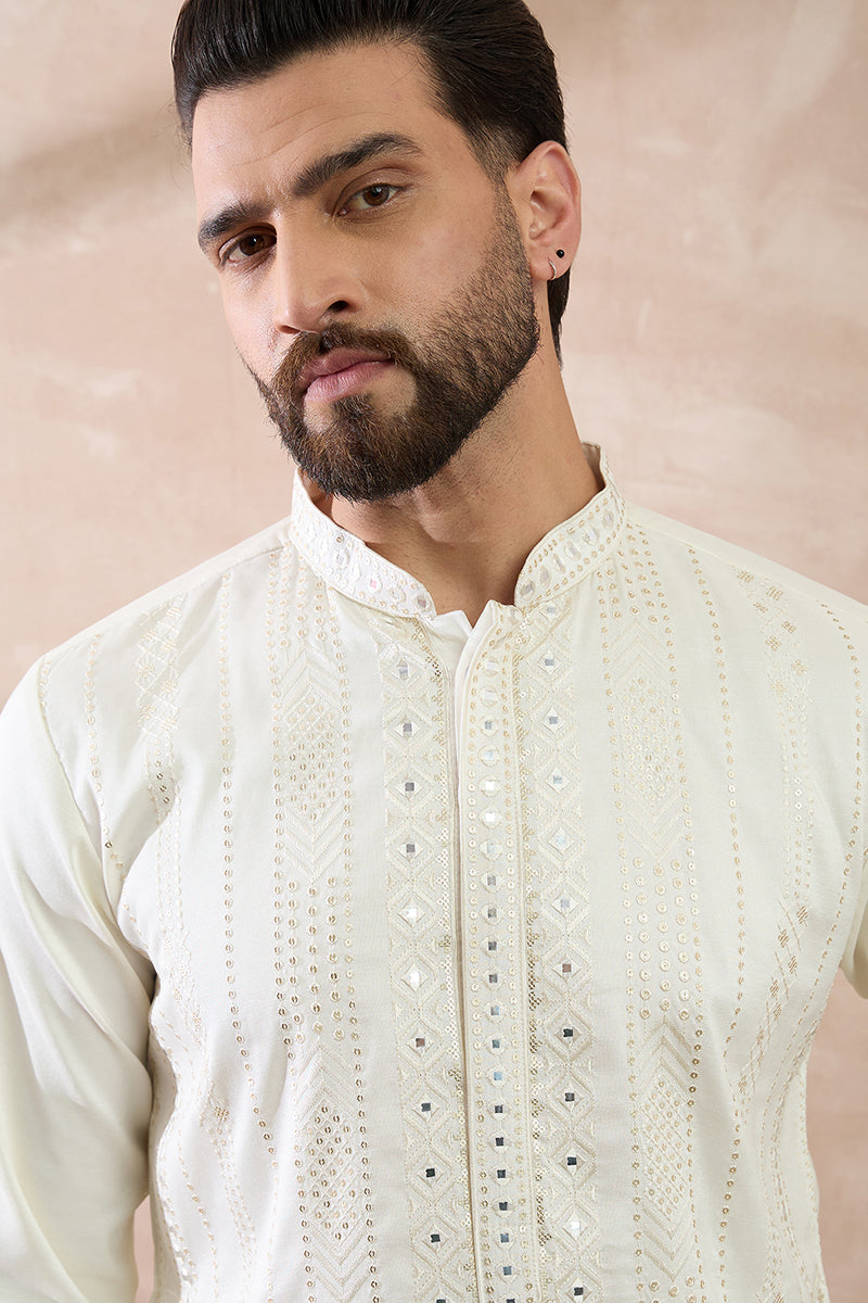 White Silk Blend Embroidered Mandarin Collar Straight Kurta With Trouser MKSET1891