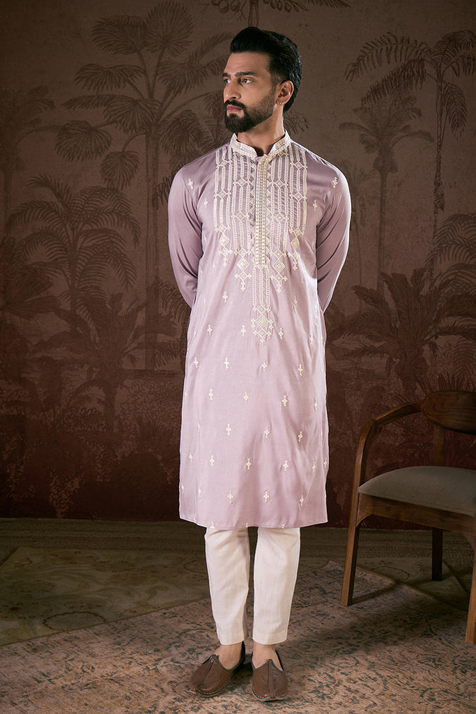 Lavender Silk Blend Solid Embroidered Straight Kurta MKU1880