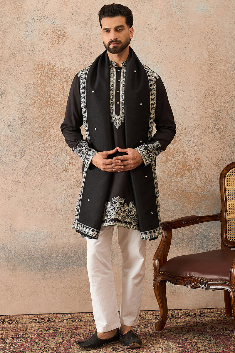 Black Silk Blend Solid Embroidered Kurta & Trouser With Dupatta MKPD1012