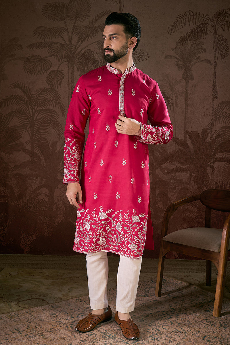 Pink Silk Blend Solid Embroidered Straight Kurta MKU1943