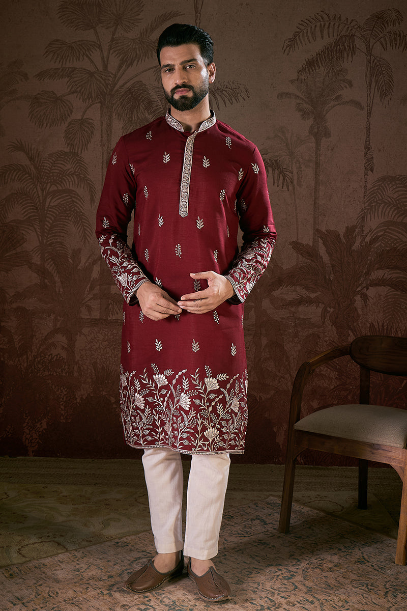 Maroon Silk Blend Solid Embroidered Straight Kurta MKU1945