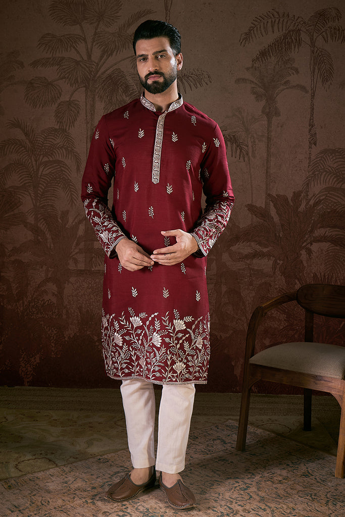 Maroon Silk Blend Solid Embroidered Straight Kurta MKU1945