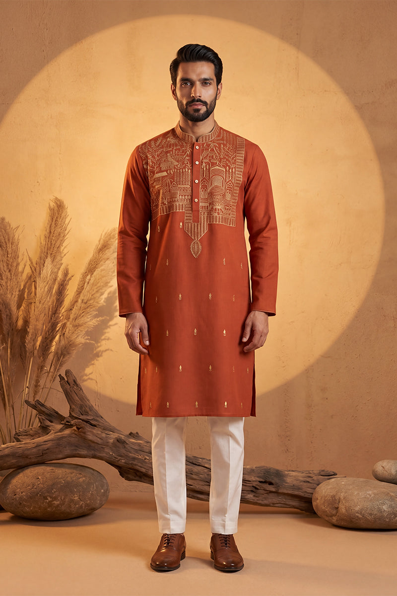 Orange Silk Blend Solid Emboidered Straight Kurta With Trouser MKSET2372
