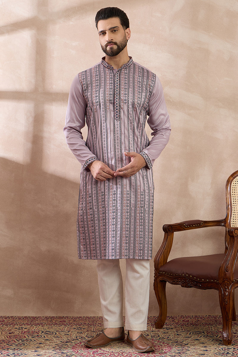 Lavender Silk Blend Embroidered Mandarin Collar Straight Kurta With Trouser MKSET2041